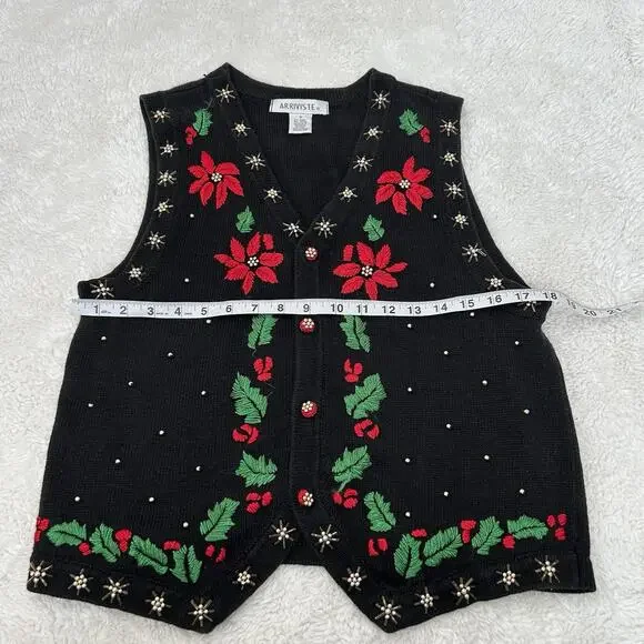 Arrivste Christmas Sweater Vest Women’s Mediu Black Cottagecore Grannycore Holly - Picture 3 of 5